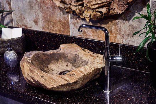 Bathroom sink design, stone and wood interior