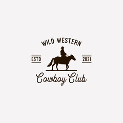 Vintage Retro Cowboy Riding Horse Silhouette logo design illustration