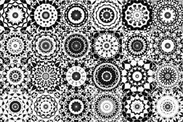 24 seamless textures for creativity. Pattern in kaleidoscope style. Black and white.
