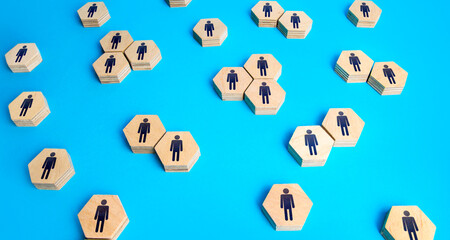 People on hexagons. Social statistics. Relationship between people. Demographics, human resources....