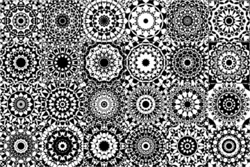 24 seamless textures for creativity. Pattern in kaleidoscope style. Black and white.