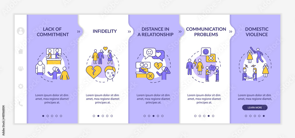 Poster reasons for divorce purple and white onboarding template. separation process. responsive mobile webs