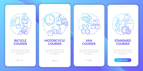 Naklejka premium Courier business blue gradient onboarding mobile app screen. Vehicle service walkthrough 4 steps graphic instructions pages with concepts. UI, UX, GUI template. Myriad Pro-Bold, Regular fonts used