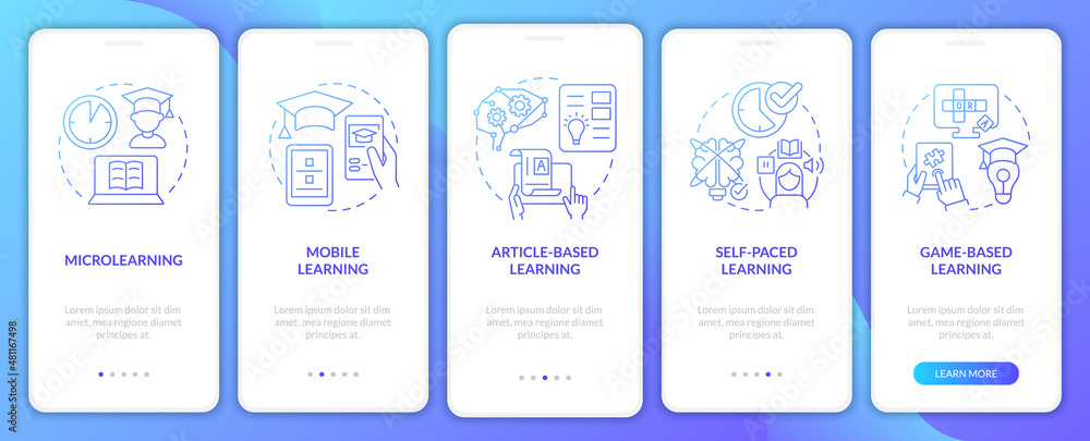 Poster elearning methods blue gradient onboarding mobile app screen. walkthrough 5 steps graphic instructio