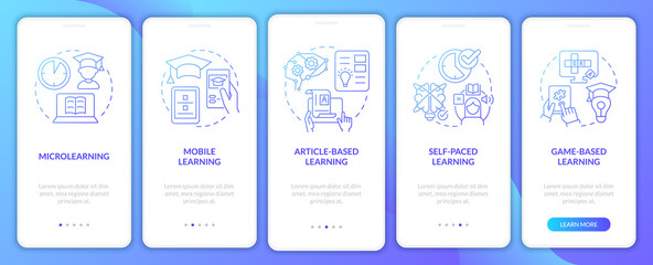 Naklejka premium Elearning methods blue gradient onboarding mobile app screen. Walkthrough 5 steps graphic instructions pages with linear concepts. UI, UX, GUI template. Myriad Pro-Bold, Regular fonts used