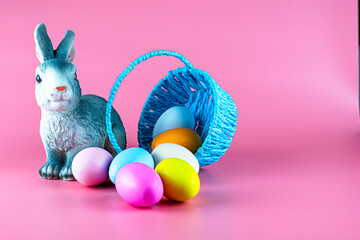 a rabbit and an inverted basket with easter eggs on a pink background copyscape