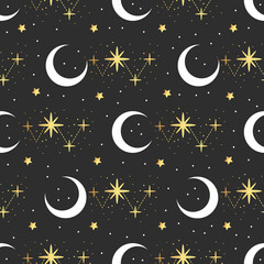 Naklejka premium Night sky pattern. Vector magic seamless pattern