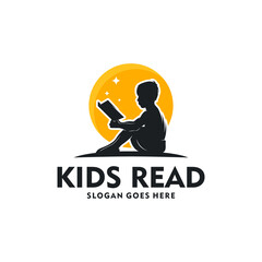 Cute little boy reading book logo design