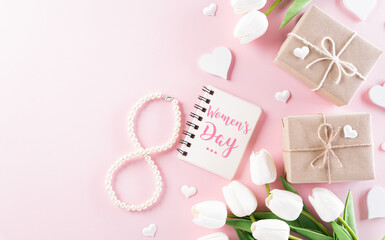 Fototapeta na wymiar Pink hearts with gift box and tulip on pastel paper background. Womens day, Love and Valentine's day concept.