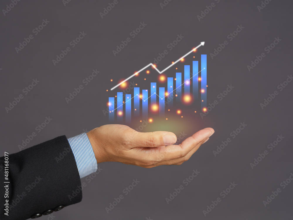 Poster digital increasing bar business graph growth on the palm with a gray background