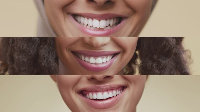 Collage of unrecognizable young diverse ladies smiling to camera, demonstrating perfect white teeth, slow motion