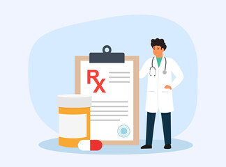 Doctor writing RX medical prescription. Disease therapy pills. Healthcare and pharmacy concept. Vector Illustrations.