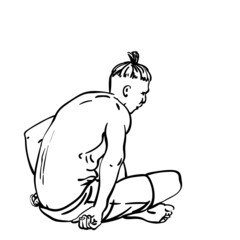 Vector sketch of man with tribal haircut sitting, Hand drawn linear illustration