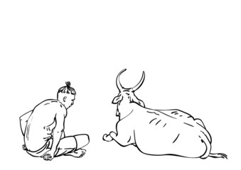 Vector sketch of man sitting next to cow, Hand drawn linear illustration, Man and animal friendship