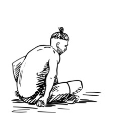 Vector sketch of man with tribal haircut sitting, Hand drawn illustration
