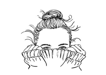 Sketch of portrait of teenage girl with bun hairstyle hiding her face in warm knitted sweater, only her beautiful eyes be seen, Hand drawn vector illustration