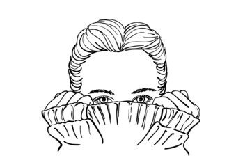 Sketch of teenage girl with hair parted in the middle hiding her face in warm knitted sweater, Hand drawn vector illustration