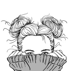 Nice sketch of teenage girl with two buns hairstyle hiding her face in warm grey knitted sweater, only her beautiful eyes be seen, Hand drawn vector illustration on white background