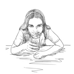 Sketch of preteen girl with long hair drinking water from glass and smiling, Hand drawn vector illustration view from top