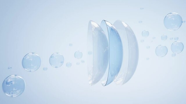 3d animation, contact lenses in water surface with air bubbles on blue background. Eye lens cleaning solution concept, medical equipment for optical vision correction, mockup for package design