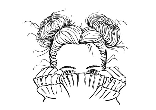 Nice sketch of teenage girl with two buns hairstyle hiding her face in warm knitted sweater, only her beautiful eyes be seen, Hand drawn vector illustration on white background