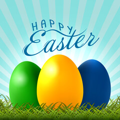 Easter background with colorful Easter eggs on green grass and Happy Easter wishes. Template for festive design, banner, invitation and greeting card. Vector illustration.