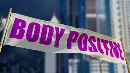 Body positive transparency banner on bokeh city background - object 3D illustration