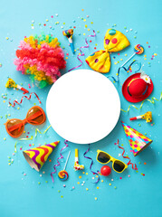 Colorful party items for carnival or birthday party on blue background