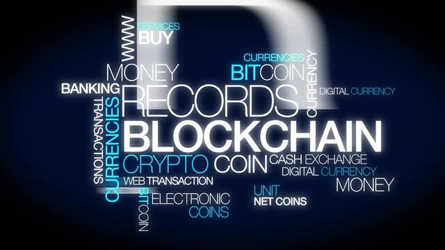 Blockchain words tag cloud text blue internet finance bitcoin crypto money animation