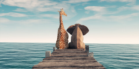 Giraffe sitting next to an elephant on wooden deck. - obrazy, fototapety, plakaty