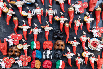 Superstitious objects composed of typical Neapolitan horns and mask, for sale in the stalls of San...
