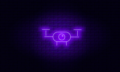 Neon quadcopter on a brick wall background, vector illustration