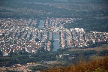 Suburban Neighborhood Houses with Canal from Bird's Eye View
