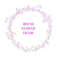 Fototapeta na wymiar Round pink and blue Watercolor flower frame Rose Eucalyptus. Template wedding invitation card. Rose metallic frame.