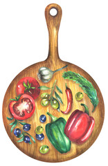 Wooden pizza board with vegetables