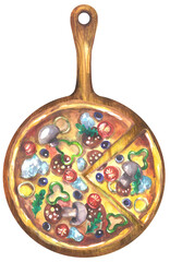 Wooden round board with handle and pizza