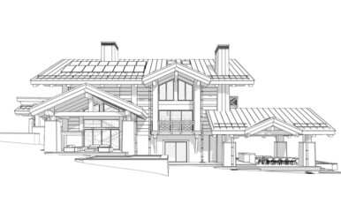 3d rendering of modern cozy chalet with pool and parking for sale or rent. Massive timber beams columns. Black line sketch with soft light shadows on white background.