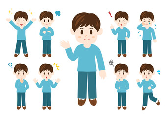 若い男性のポーズと表情のイラスト: 全身セット