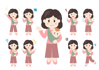 ママと赤ちゃんのポーズと表情のイラスト: 全身セット