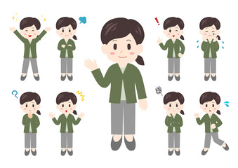 女性のポーズと表情のイラスト: 全身セット