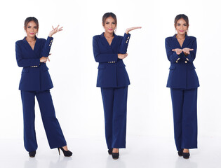 Full length of 20s Asian Business woman wear Blue office look with high heel shoes. Female stand