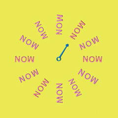 Right time idea. Creative composition with word now and clock hand on yellow background. Minimalistic layou with presence symbol.