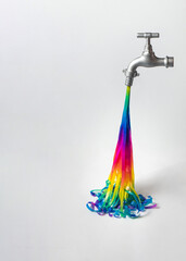 Different colors as water stream fall from faucet on white background. Minimalistic funny concept. Creative abundance composition.