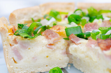 Quiche Lorraine, smoked bacon with medium  and mature cheddar cheese and egg quiche filling in a shortcrust pastry
