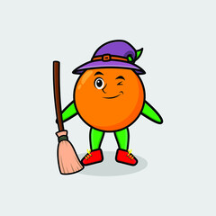 Cute cartoon witch shaped orange mascot with hat and broomstick cute modern stylish design for t-shirt, sticker, logo elements