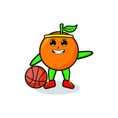 Cute cartoon mascot orange playing basketball in modern style design for t-shirt, sticker, logo elements