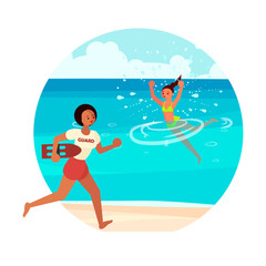 Young woman drowns in the sea. Female lifeguard saving a drowner