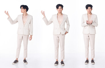 Full length Portrait 20s Asian Business man wear cream Formal Suit pants shoes for Gala Dinner