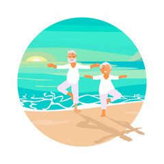 Senior man and woman doing yoga on the beach