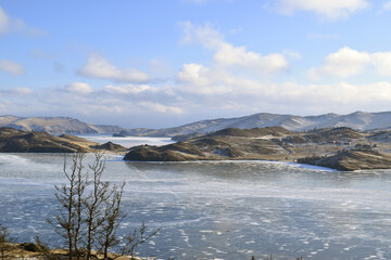 lake and mountains Baikal in winter, view of olkhon